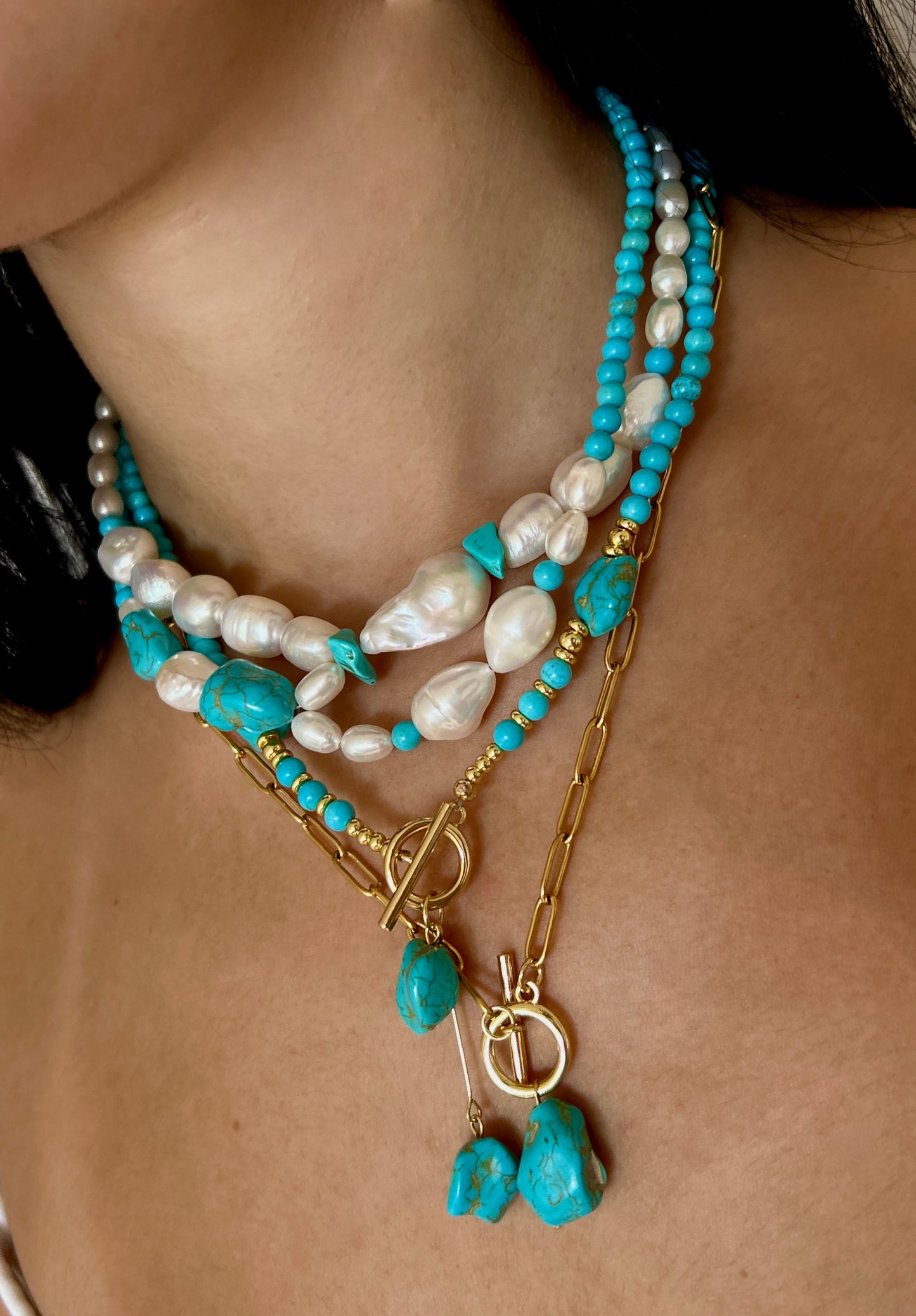 Collier double en perles baroque et turquoise
