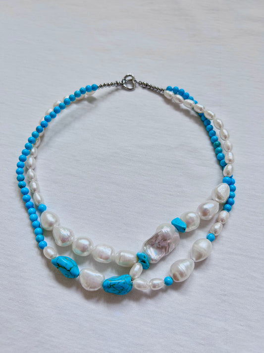 Collier double en perles baroque et turquoise